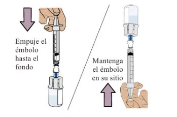 Illustrazione medica che mostra due fasi: una mano spinge l'aria nel flacone e poi aspira il farmaco