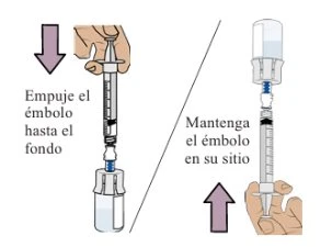 Illustrazione medica che mostra come spingere l'aria dal solvente nel flacone del farmaco