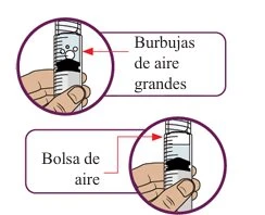 Diagramma medico che mostra una mano che tiene una siringa con grandi bolle d'aria