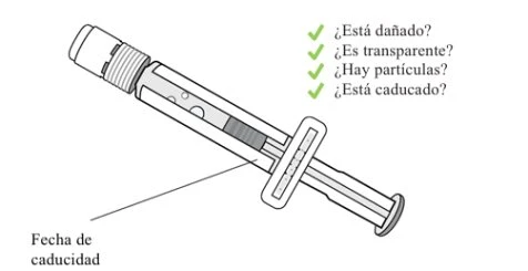 Disegno di una siringa con testo in spagnolo che elenca controlli su danni, trasparenza, particelle e data di scadenza con segni di spunta verdi