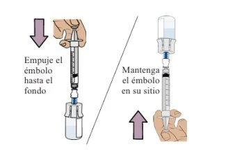 Diagramma che mostra due fasi: una mano spinge l'adattatore sul flaconcino e l'altra ruota per fissarlo