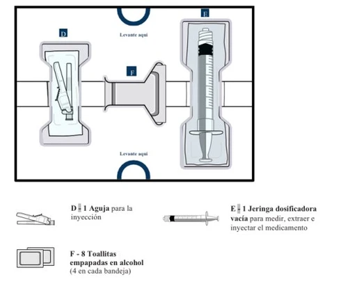 Diagramma medico con ago per iniezione indicato con D, siringa dosatrice vuota indicata con E e otto salviette imbevute di alcol indicate con F