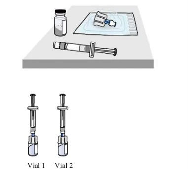 Disegno di un flacone con siringa e confezione su un piano e due siringhe caricate con liquido sopra i flaconi Vial 1 e Vial 2