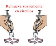 Due mani tengono siringhe verticali sopra frecce circolari che indicano un movimento rotatorio con la scritta in rosso Remueva suavemente en círculos