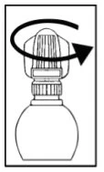Technical drawing of a vial with a black curved arrow indicating clockwise rotation of the upper cap