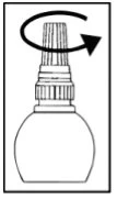 Schematic drawing of a vial with a black curved arrow indicating clockwise rotation of the upper cap