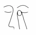 Black line drawing showing a stylized face with a finger touching the closed eyelid