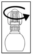 Schematic drawing of a vial with a black curved arrow indicating clockwise rotation of the cap