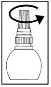 Schematic drawing of a bottle with a black curved arrow above the cap indicating a clockwise rotational movement