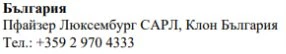 Text in Cyrillic characters on a white background stating Bulgaria, Pfizer Luxembourg SARL, Bulgaria branch, and a telephone number