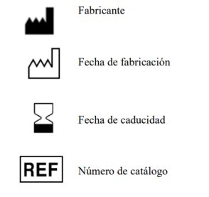 Icone in bianco e nero con scritte in spagnolo: fabbrica per produttore, fabbrica vuota per data di produzione, clessidra per scadenza e REF per codice catalogo