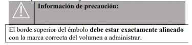 Banner grigio con simbolo di pericolo bianco e testo in spagnolo che avverte di allineare il bordo superiore del pistone alla tacca del volume desiderato