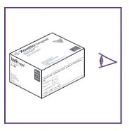 Disegno tecnico di una scatola di medicinale bianca con scritte nere e un simbolo stilizzato di un occhio viola sulla destra