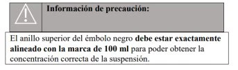 Banner grigio con simbolo di avvertimento bianco e testo in spagnolo che indica di allineare il bordo superiore del pistone alla tacca del volume