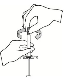 Two hands holding a syringe while rotating the upper part in a circular direction indicated by curved arrows