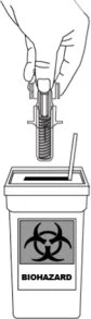 A hand holding a used syringe above a biohazard waste container with the biohazard symbol and the word BIOHAZARD