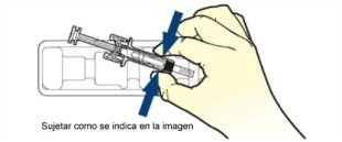 A hand holding a prefilled syringe firmly between thumb and index finger, as indicated by blue arrows above the container