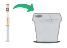Una penna iniettiva bianca viene inserita in un contenitore per lo smaltimento dei rifiuti sanitari indicato da una freccia verde curva