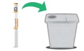 Una penna iniettiva Yonipath viene inserita in un contenitore grigio per lo smaltimento tramite una freccia verde curva