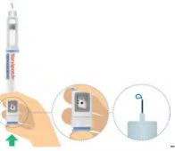 Illustrazione medica che mostra una mano che impugna una siringa preriempita con ingrandimenti del dettaglio del meccanismo e dell
