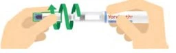 Two hands holding a white injection pen with green arrows indicating a rotational or pressing movement for the