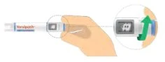 A hand holding a medical device with a magnified inset showing a green arrow pointing toward the