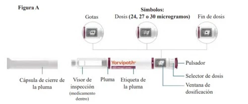 Technical diagram of a Yorvipath injection pen indicating droplets, dosages of 24, 27, or 30 micrograms, button, and dosage window