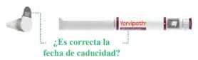 Diagram showing a Yorvipath medical device with a separate cap and a Spanish question about whether the expiration date is correct