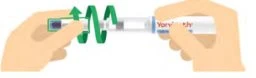Two hands holding a white injection pen with green arrows indicating a rotational or sliding movement along the device