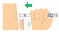 A hand holding an injection pen to apply it to the arm skin with a green arrow indicating the movement toward the