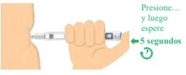 A hand pressing a medical device applied to the thigh with a green arrow indicating to wait 5 seconds with a