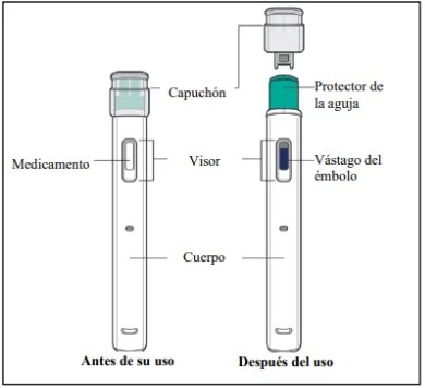 Diagramma medico con due penne iniettrici etichettate in spagnolo, una prima dell'