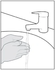 Disegno lineare di due mani che vengono lavate sotto un getto d'