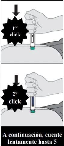 Medical diagram with two stages showing a hand pressing an injection device against the skin with indications of first and second click