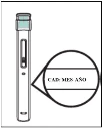 Technical drawing of a white injection pen with a circular magnification showing the text CAD: MES AÑO on a horizontal section
