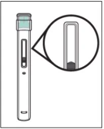 Technical drawing of a medical injection pen with a circular magnification showing the dosage window detail