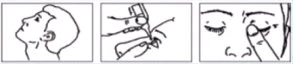 Tre disegni lineari mostrano un profilo di testa rivolto verso l'alto, una mano che applica un collirio all'occhio e un dito che tocca l'occhio chiuso