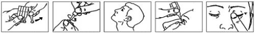 Sequenza di cinque disegni che mostrano le fasi di preparazione e applicazione di un farmaco oftalmico con mani che manipolano il flacone e l'occhio