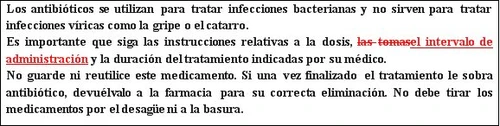 Testo in spagnolo sull'uso e lo smaltimento degli antibiotici con le parole "las tomas", "el intervalo de administración" e "barrate" evidenziate in rosso