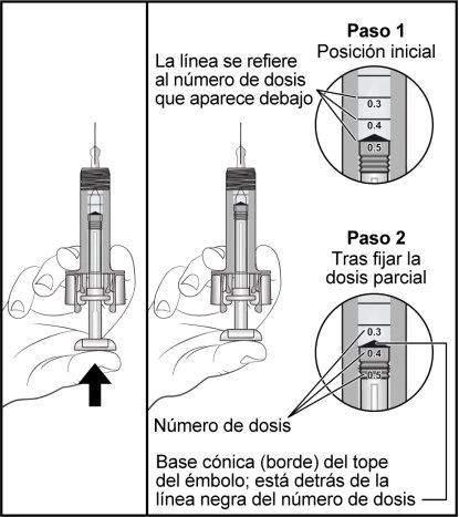 Two-step medical diagram showing how to adjust the dose on a syringe with numerical indicators and the position of the