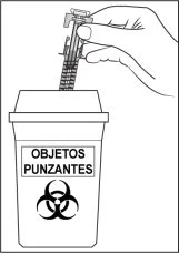 A hand inserting a needle with syringe into a sharps container with biohazard symbol