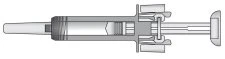 Scaled technical drawing of a horizontal syringe with needle, transparent barrel, plunger, and internal gray seal on a white background