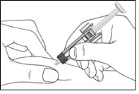 Two hands holding a syringe with a needle to inject medication subcutaneously into a finger or limb in a black-and-white technical drawing