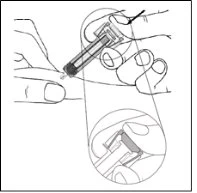 Technical drawing showing hands holding a syringe to inject medication into the skin with a magnified detail of the injection site