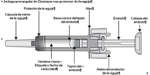 Technical diagram of a prefilled syringe with Spanish labels indicating needle, shield, barrel, plunger, and conical base