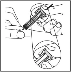 Technical drawing showing two hands holding a pen-style medical device with a magnified detail of the top portion