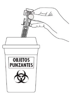 One hand inserting a used syringe into a sharps container with a biohazard symbol