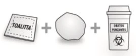 Diagram showing a package labeled TOALITTA, an irregular object, and a sharps container with a biohazard symbol