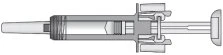 Scaled technical drawing of a horizontal syringe with transparent barrel, gray plunger, and thin needle on the left side