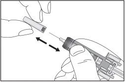 Two hands placing a protective cap onto the needle of a syringe, with a black arrow indicating the sliding motion